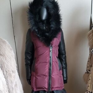 Black and Burgundy Puffer Jacket w/ Raccoon Fur Hood